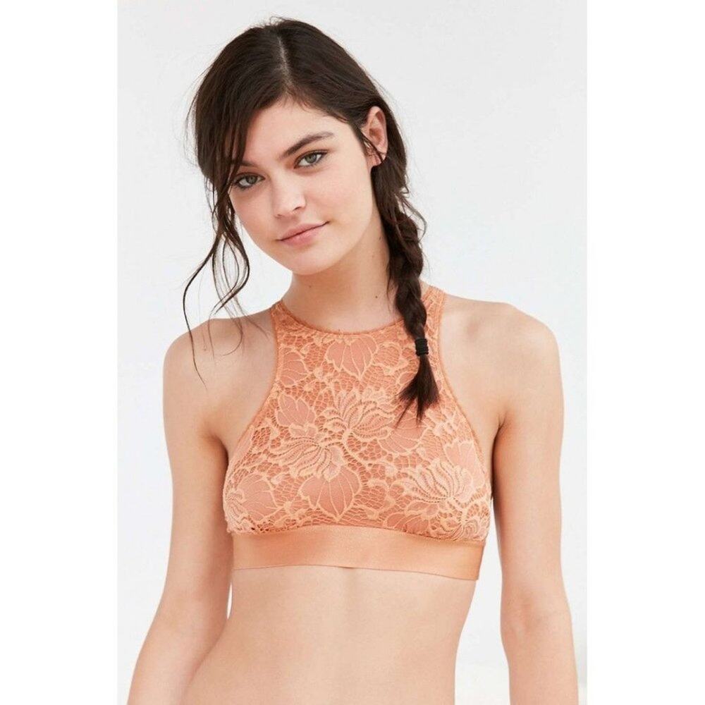 Urban Outfitters Out From Under neutral lace cross-back high neck bralette Large